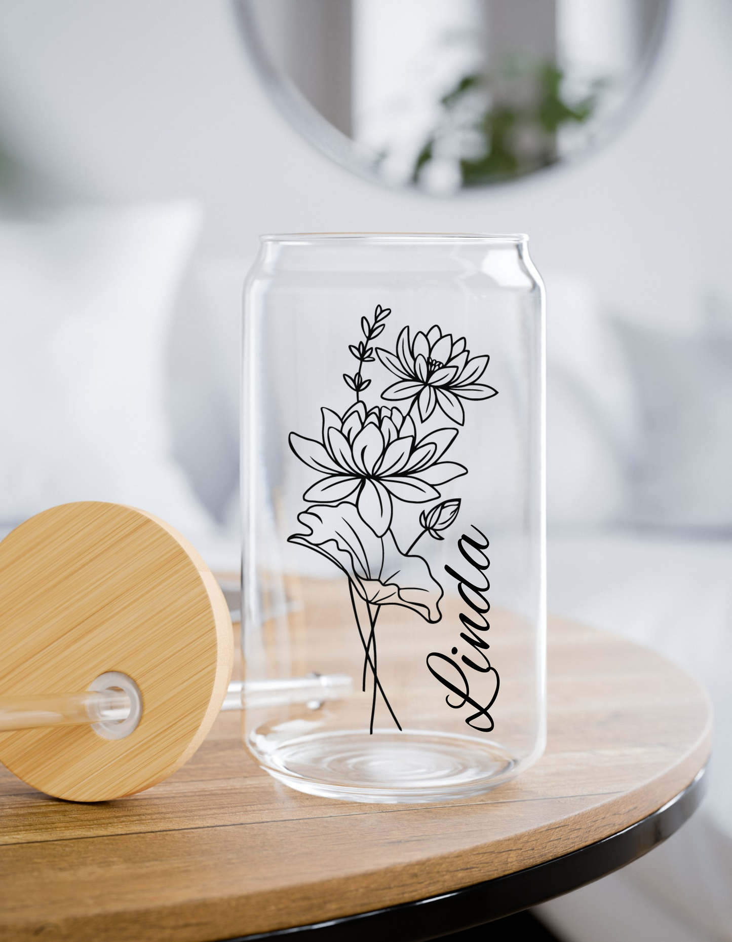 Birth Flower and Name 16oz Glass Can with Straw and Bamboo Lid